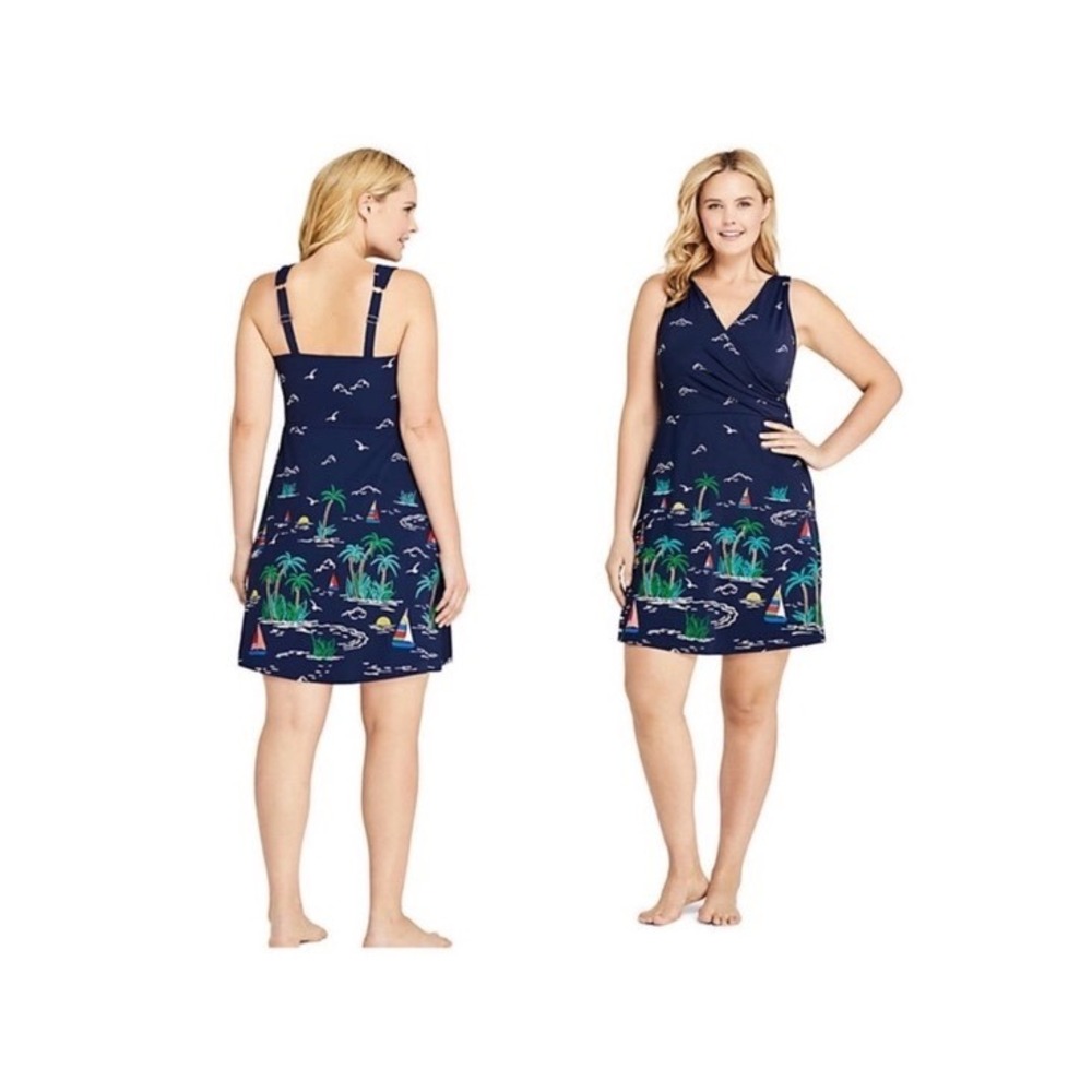 Lands End Womens Navy Tropical Sailboat Swim Dress One Piece Swimsuit Size 2